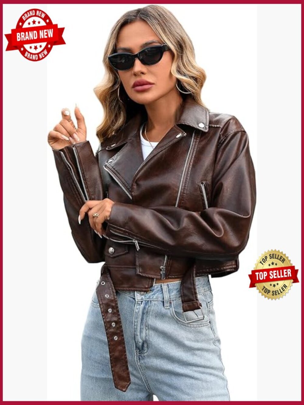 Faux Leather Cropped Bike Jacket with Removable Belt and Zipper Accents